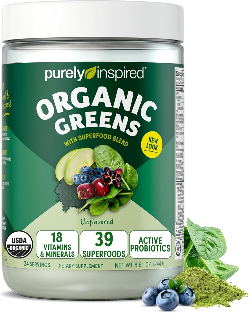 Puramente inspirado verde orgânico pó smoothie Mix, sem sabor (24 Servings) - Probióticos para a saúde digestiva com espirulina e chlorela para a saúde da gut - Vegan & Gluten-Free