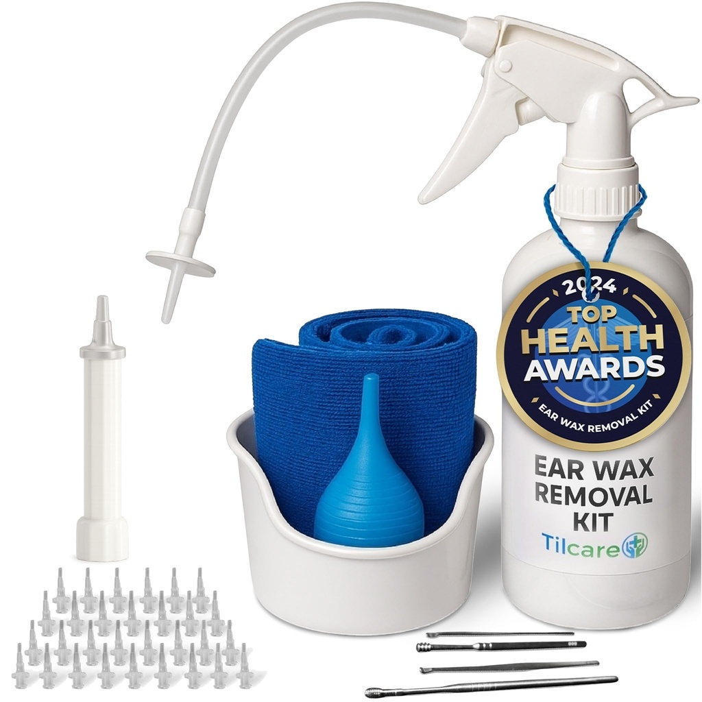 Ferramenta de remoção de cera de ouvido por Tilcare - Sistema de lavagem de irrigação de ouvido para adultos e crianças - Kit de limpeza de ouvido perfeito - Inclui bacia, seringa, kit de curette, toalha e 30 pontas descartáveis