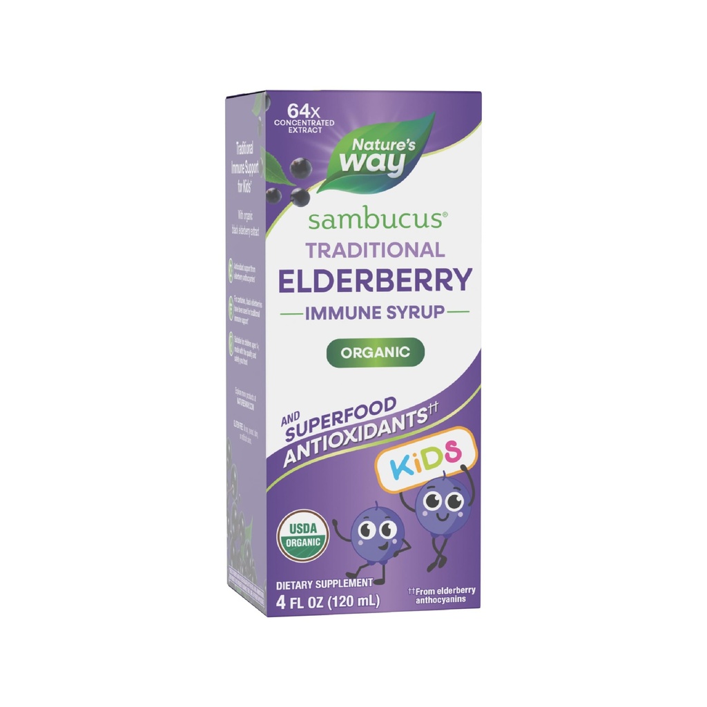 Nature's Way Sambucus Elderberry Xarope Imune Tradicional para Idades 1+, Suporte Imune Tradicional*, Suporte Antioxidante*, Extrato de Elderberry Preto, USDA Certified Organic, 4 Fl Oz