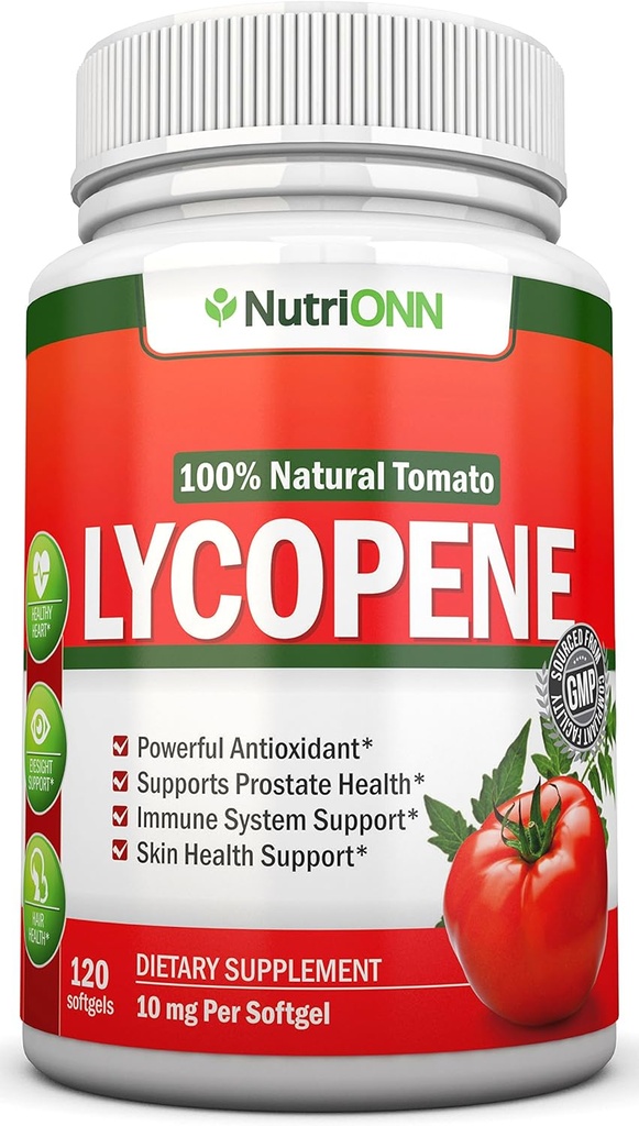 Licopeno - 10MG - 120 Softgels - 3 Mês de Abastecimento - Antioxidante de Qualidade Premium - Tomate 100% Natural - Ótimo para Saúde da Próstata, Suporte do Sistema Imune, Saúde do Coração e Suporte Eyesight
