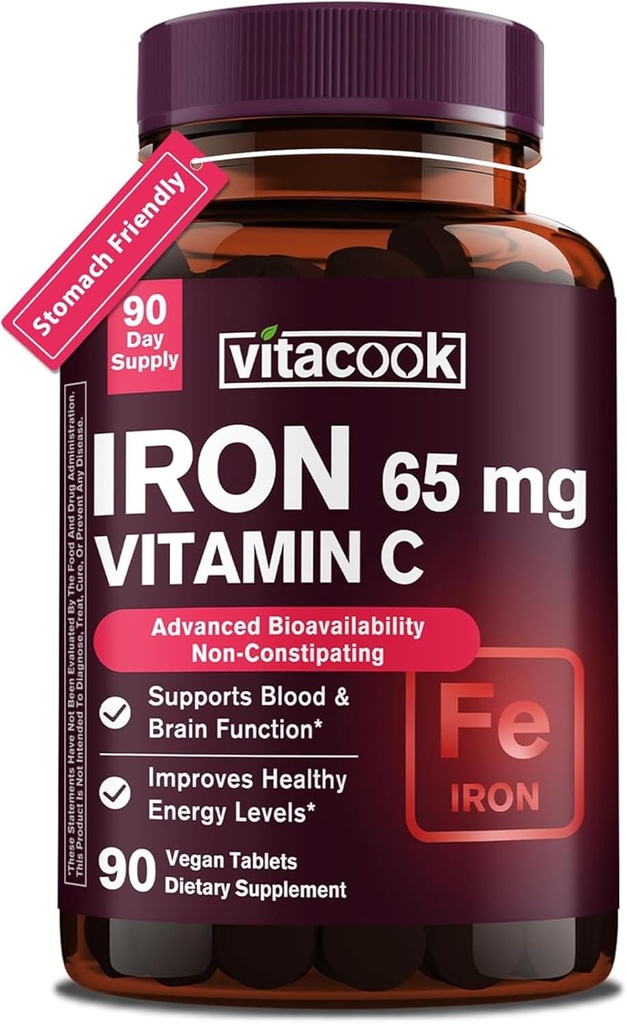 Suplemento de ferro para os homens mulheres de alta potência 65mg de ferro com vitamina C 250mg de estômago amigável comprimidos de ferro para células vermelhas de sangue e Imune Suporte Vegan, Não-GMO & Gluten livre de