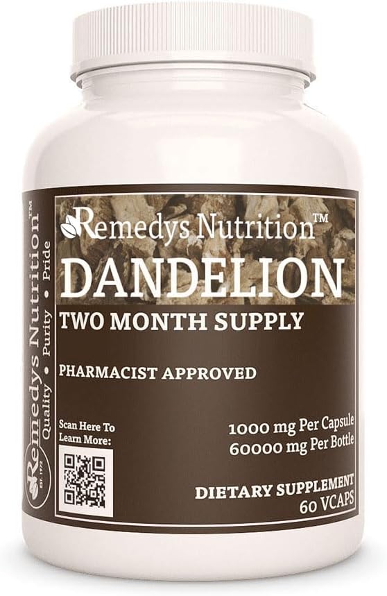 Nutrição de Remedy Raíz de dente-de-leão (1.000 mg), 60 Cápsulas Vegan Suplemento Dietário de ervas (Dois meses de fornecimento)