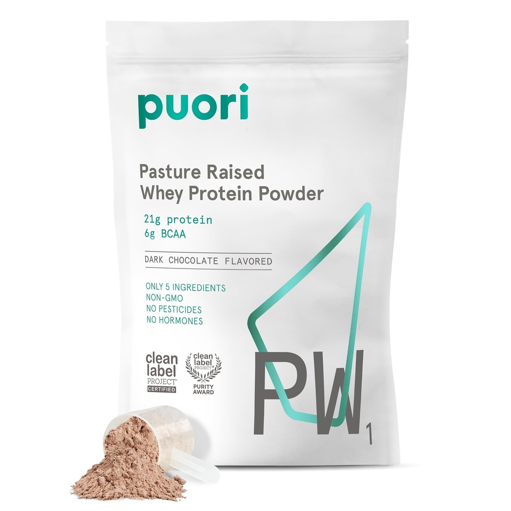 Puori Whey Protein Powder, Chocolate Escuro - PW1 Pasture-raised, Grass-Fed Whey Protein Powder Drink Mix contendo BCAA Amino Acids - Suplemento pós-trabalho para ganho e recuperação muscular - 30 Servings