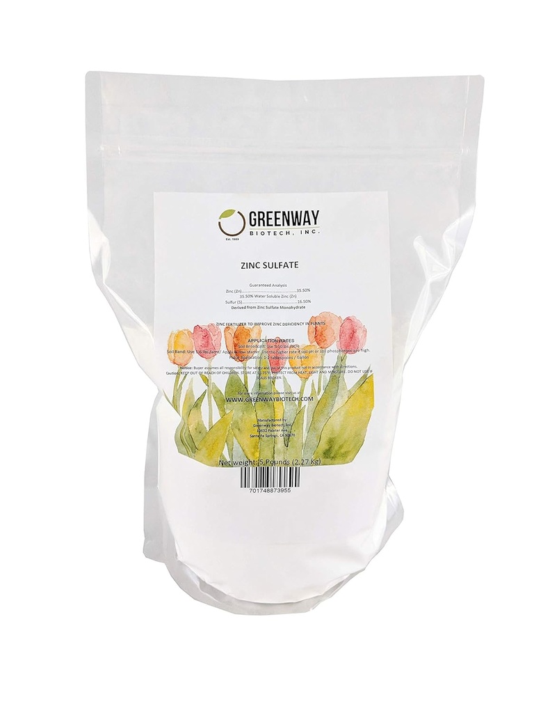 Greenway Biotech, Inc. Zinc Sulfate Powder 35,5% Monohidrato Mais 16,5% Enxofre (5 Libras)