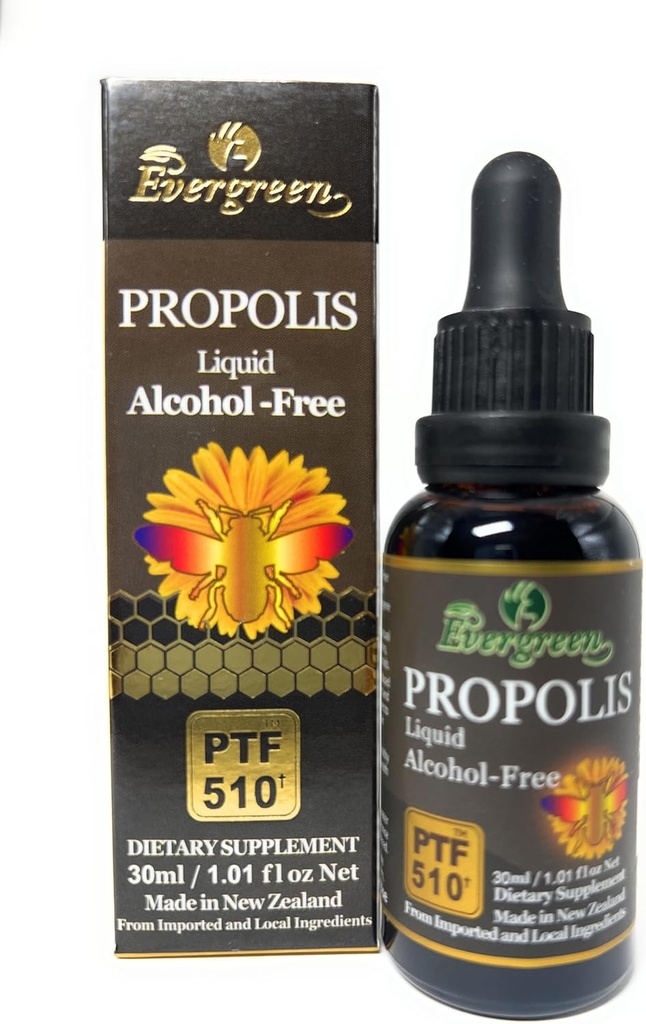 Evergreen Propolis Liquid Alcohol-Free Tintura 30ml PTF1170 (Contém 1170 Propolis Flavonoid) Fabricado na Nova Zelândia