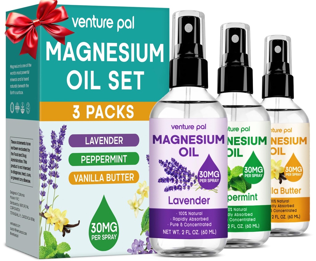 Venture Pal 3-Pack Topical Magnesium Oil Spray Set para pés – Presente ideal para relaxar, melhor sono, alívio muscular para pernas e articulações, cabelo saudável e pele. Absorção rápida, não gordurosa