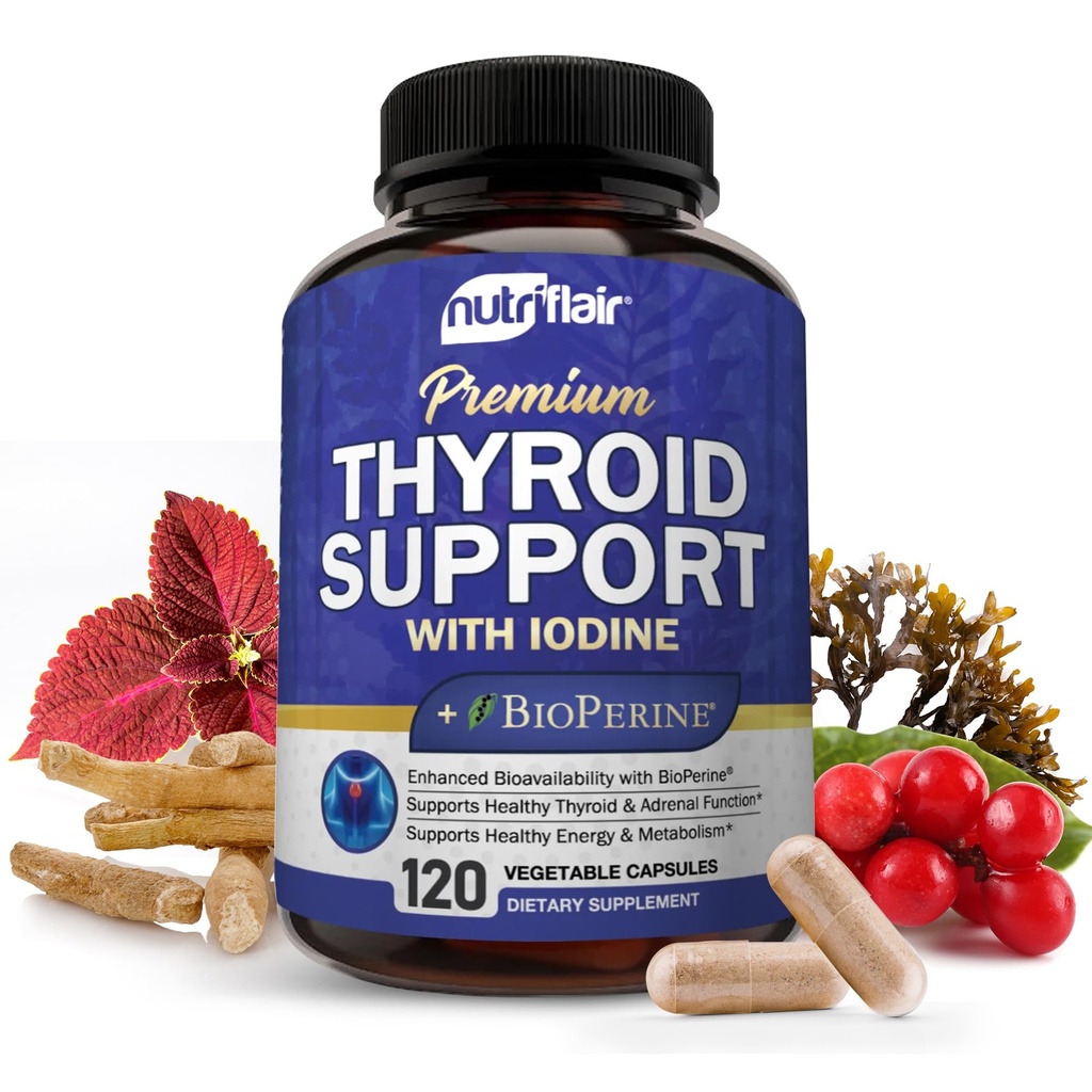 NutriFlair Complexo de Apoio à Tiróide, 120 Cápsulas - com Iodo, Pimenta Negra, Ashwagandha, Vitamina B12 - Suplemento de Tiróide para Mulheres e Homens