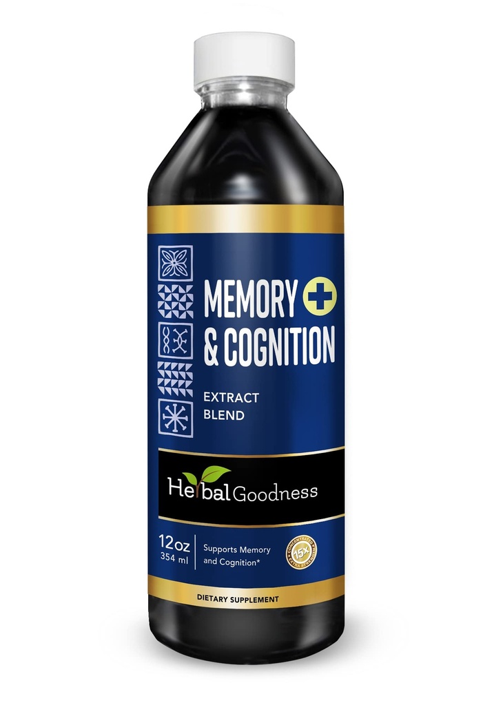 Memória e Cognição da Bondade Herbal Extrato Líquido 12 onças - Suporta Clareza Mental, Energia e Função Imune - Suplemento Natural Orgânico com Ginkgo, Mane de Sábio e Leão - 23 Servões