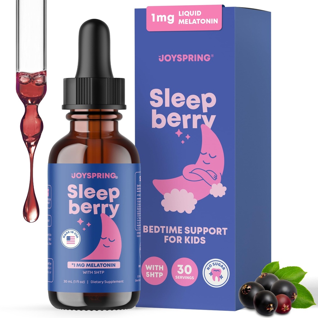 JoySpring Melatonina 1MG para crianças □ 5HTP & L-Theanina – Melatonina líquida sem açúcar para crianças e adolescentes – Suplemento de sono amigável para crianças (1 fl oz)