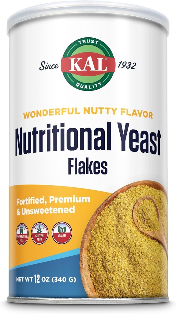 KAL Nutritional Yeast Flakes, Fortificado com B12, Ácido Fólico & Outras vitaminas B, Não adoçado, Grande sabor de nozes, Vegan & Gluten Free, 60-Day Money Back Garantia, Made in the USA, 34 Servings, 12 onças