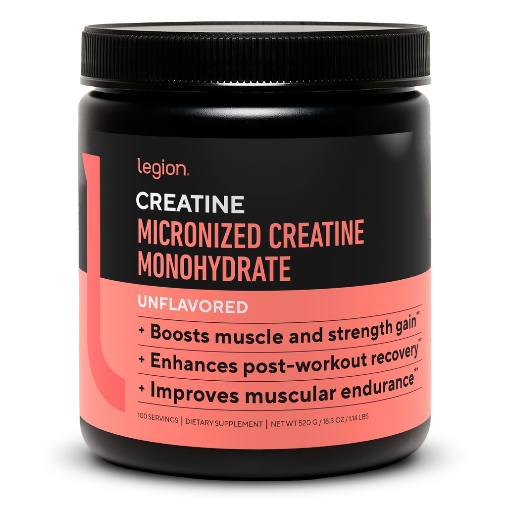 LEGIÃO Creatina Micronizada Mono-hidrato Suplemento - Creatina limpa em pó para ganho muscular e pós de recuperação de exercício - Creatina Micronizada Suplemento para Absorção Máxima (100 Servões, sem sabor)