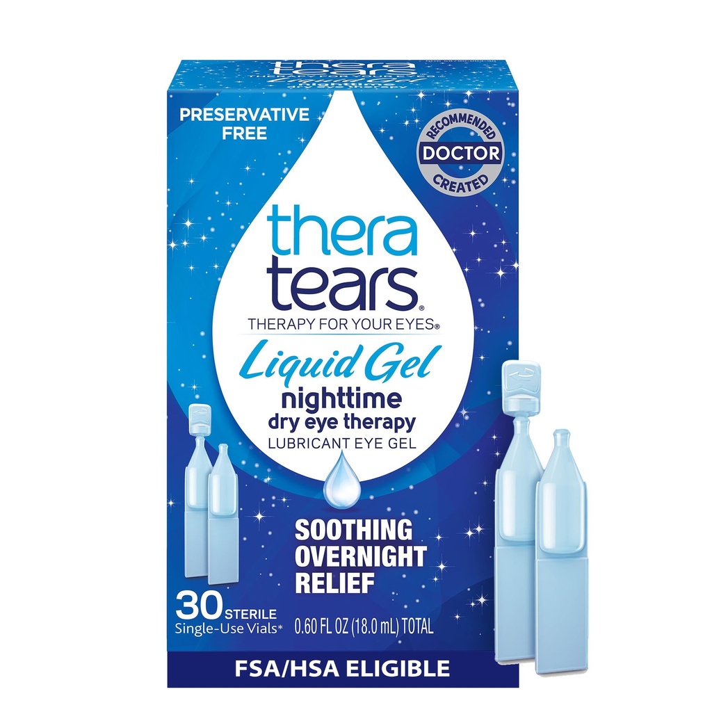 TheraTears Liquid Gel Nighttime Lubrificante gotas de olho para olhos secos, Frascos de uso único, 30 contagem