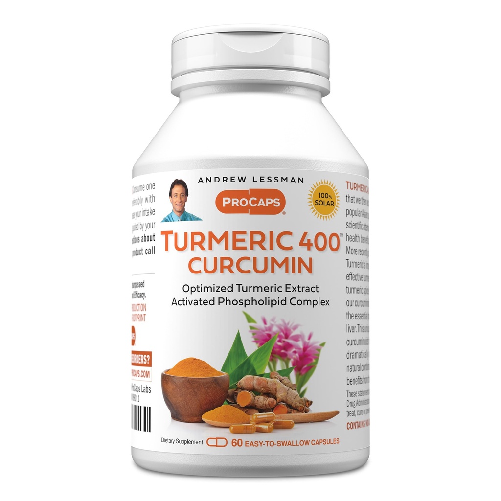 ANDREW LESSMAN Turmeric 400mg - 60 Cápsulas - 95% Curcuminóides como Complexo Fosfolipídico para Benefícios Optimos e Absorção, Extrato Padrão de Alta Potência, Cápsulas Pequenas Fácil de Engolir
