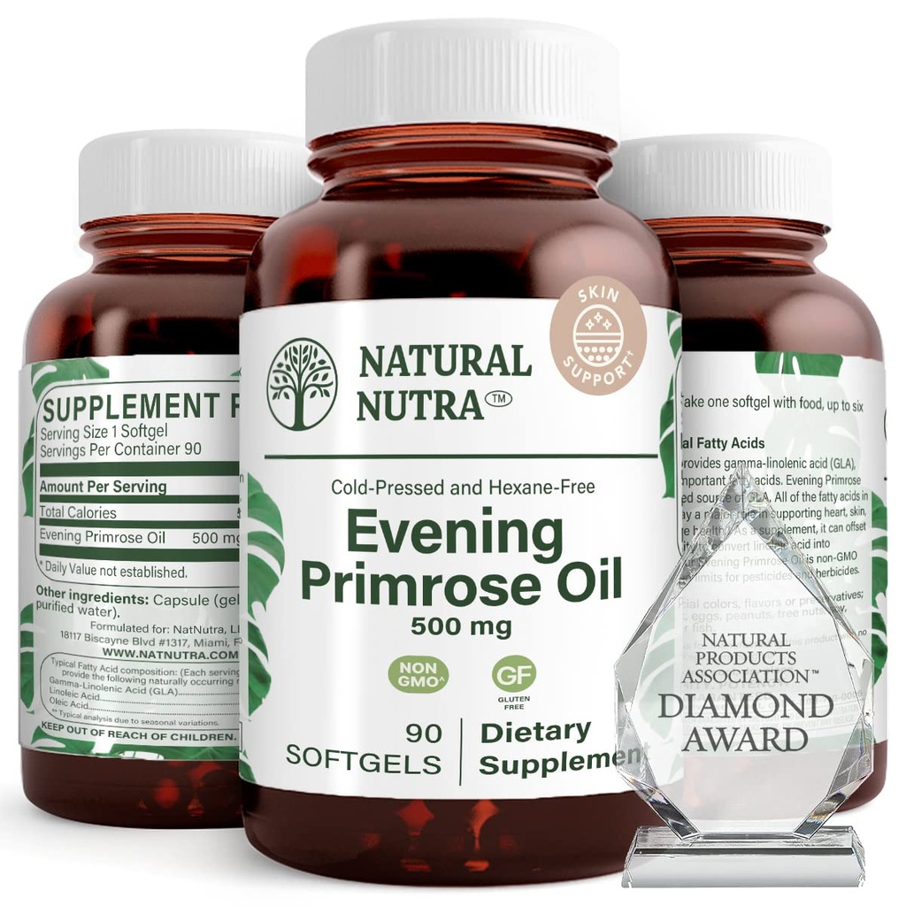 Natural Nutra Evening Primrose Oil Supplement from Fatty Acid, Nerve Health, Helps Reduc Skin Blemishes, Balance Body Secretions, Promove Heart Health, Skin Clarity, 500 mg, 90 Softgels