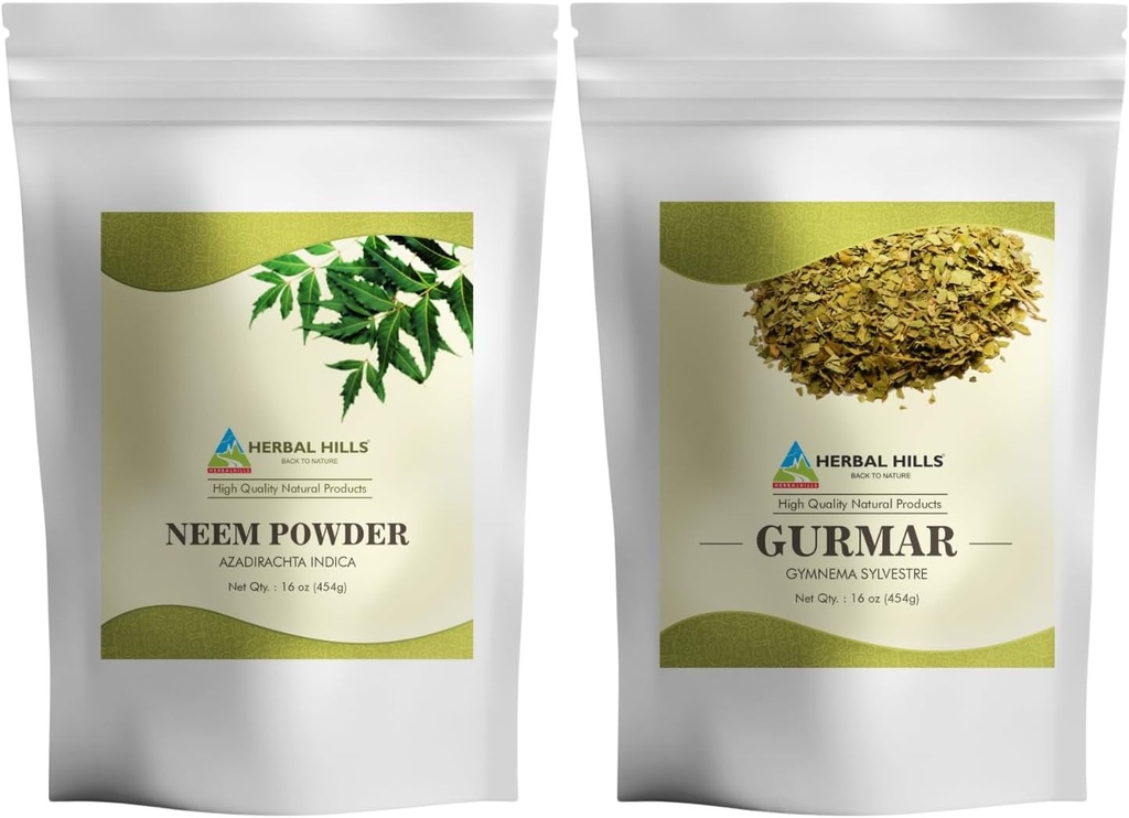 HERBAL HILLS Neem Leaf Powder e Gurmar Powder Gymnema Sylvestre Embalagem de 2 Combo