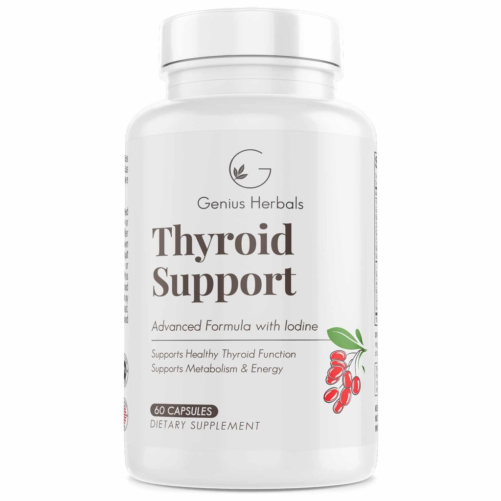 Suporte de tiroide - Fórmula avançada com iodo, suporta metabolismo e energia, suporta tireóide saudável. Suplemento de tiroide sem OGM - 60 Cápsulas