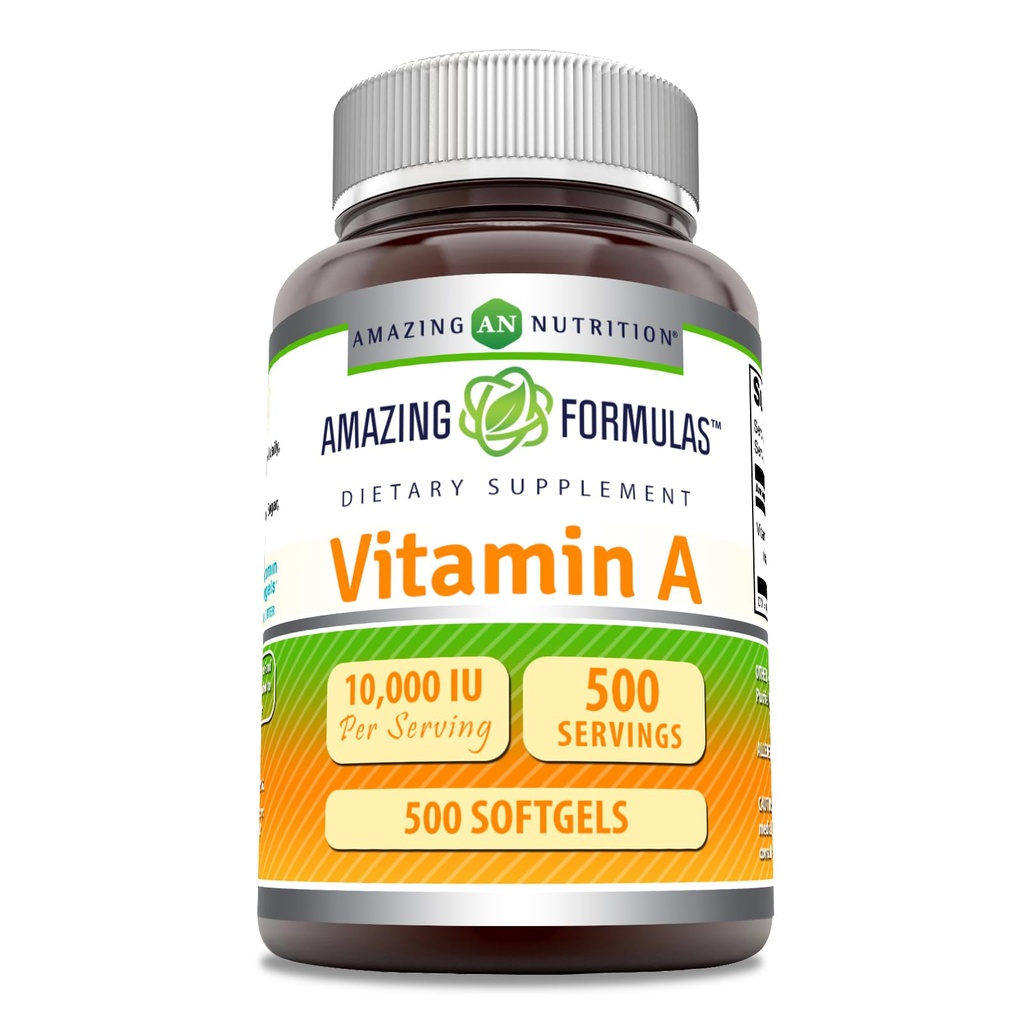 Fórmulas surpreendentes Vitamina A 10000 UI Supplement □ como Retinil Palmitate □ 3000 Mcg □ Softgels □ Não-GMO □ Gluten Free □ Made in USA (1 Pack, 500 Count)