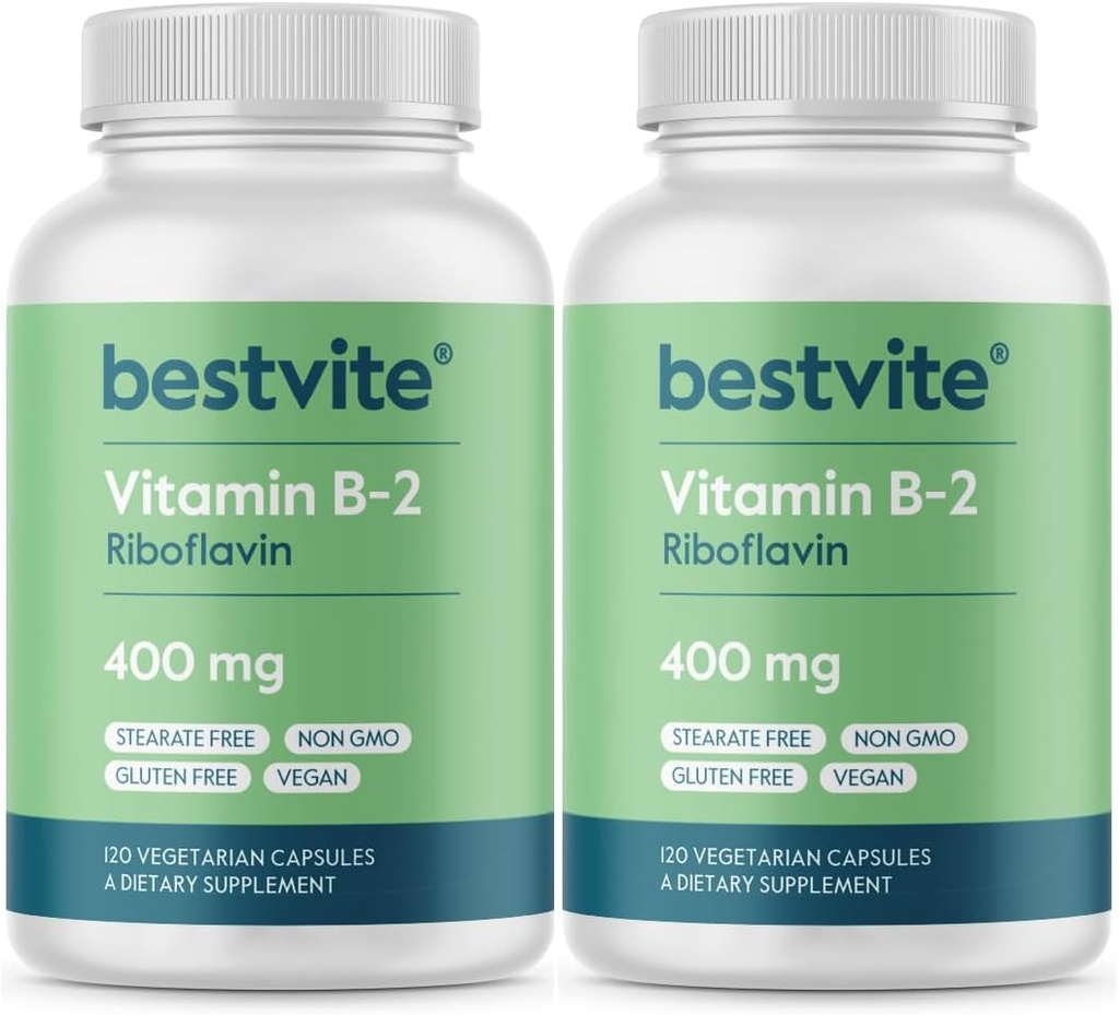BESTVITE Vitamina B-2 (Riboflavina) 400mg (240 cápsulas vegetarianas) (120 x 2) - Sem estearatos - Vegan - Não OGM - Glúten Grátis