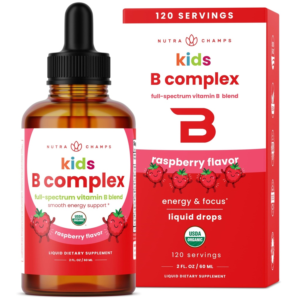 NutraChamps Vitamina B Complex para Crianças, B1, B2, B3, B6, B7, B9 & Metil B12, Kids B Complex Liquid Drops Suplemento, Energia, Foco, Metabolismo, Berry Natural, 120 Servings, Fornecimento de 4 meses