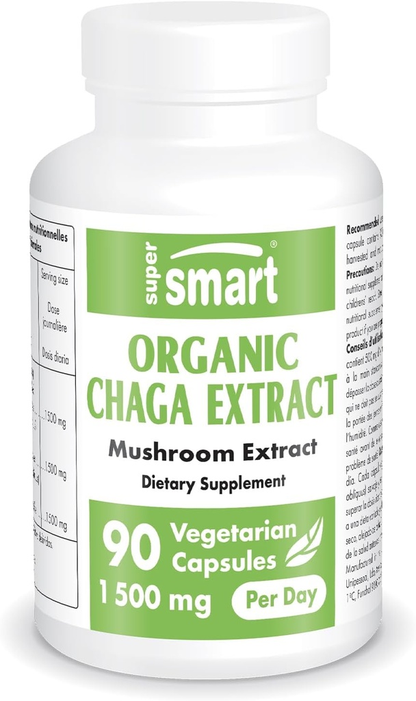 Extrato de Chaga Orgânico SuperSmart 1500mg por dia (Alta Força) - Wild & Hand Picked Chaga Mushrooms Supplement □ Não-GMO & Gluten Free - 90 Cápsulas Vegetarianas