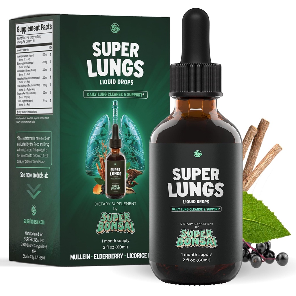 SuperBonsai Super Lungs Mullein Drops – Herbal Lung Suporte Tintura com Mullein Folha Extrair Elderberry Reishi Marshmallow Root – Suporta respiração clara e bem-estar – 2 onças