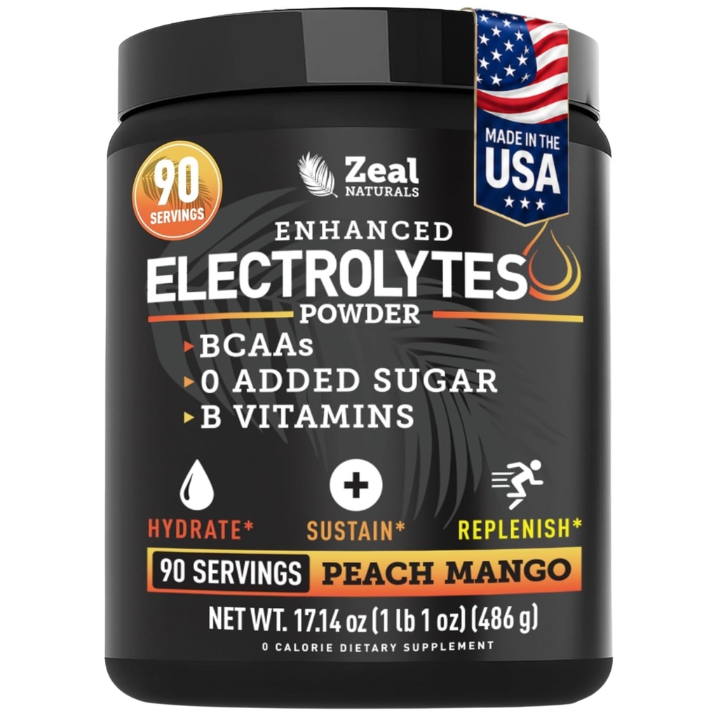 Zeal Naturals Eletrolyte Powder Recovery Drink (90 Servings □ Mango de pêssego) w 0 Açúcar + BCAAs + B-Vitaminas Suplemento de eletrólito w Zinco de potássio e magnésio para hidratação - Eletrólitos de Keto