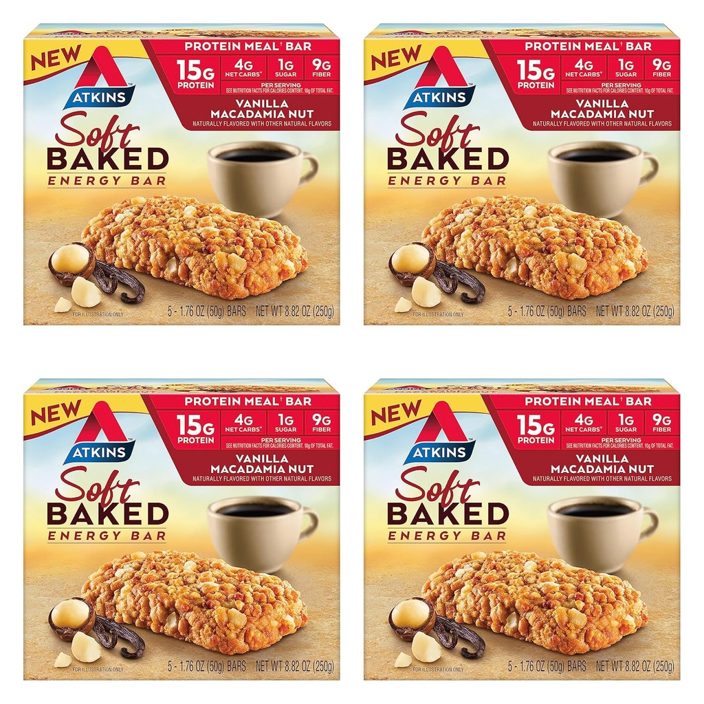 Atkins Baunilha Macadamia Nut Flavored Soft Baked Energy Bars, Alta em Proteína, Baixo Açúcar, Lanche de Alta Fibra, Lanche de Proteína, 4 embalagens (4 bars cada)
