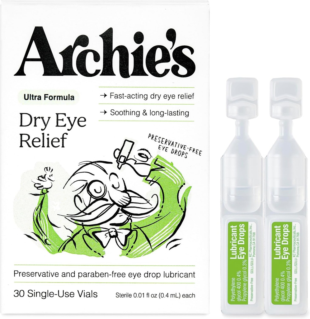 Remédios de Archie, alívio de olhos secos, gotas ultra lubrificantes de olhos, fórmula limpa e frasco sem conservantes, uso único, para irritação e olhos vermelhos, lágrimas naturais, 30 contagem