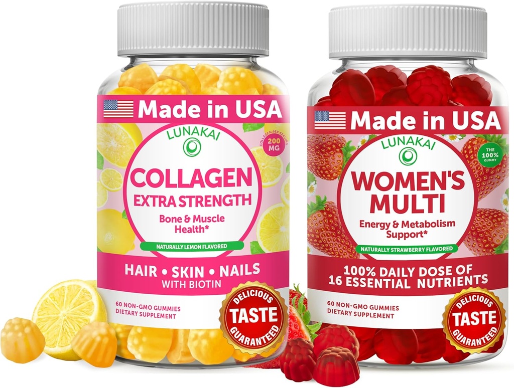Colagénio Lunakai e chicletes multivitamínicos femininos Bundle - suplementos antienvelhecimento não-GMO com biotina, zinco, vitamina C e E - valor 100% diário de 16 vitaminas essenciais e minerais - fornecimento de 30 dias