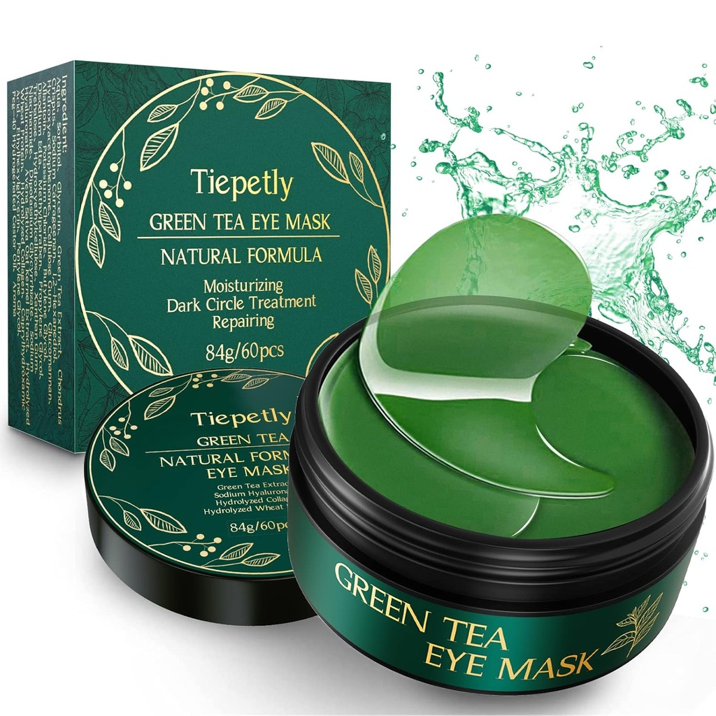 Tiepetly Sob Máscaras Olhos com Colágeno, Green Tea Eye Patches para círculos escuros e Puffiness, Hidratação, Anti rugas, 60 pcs