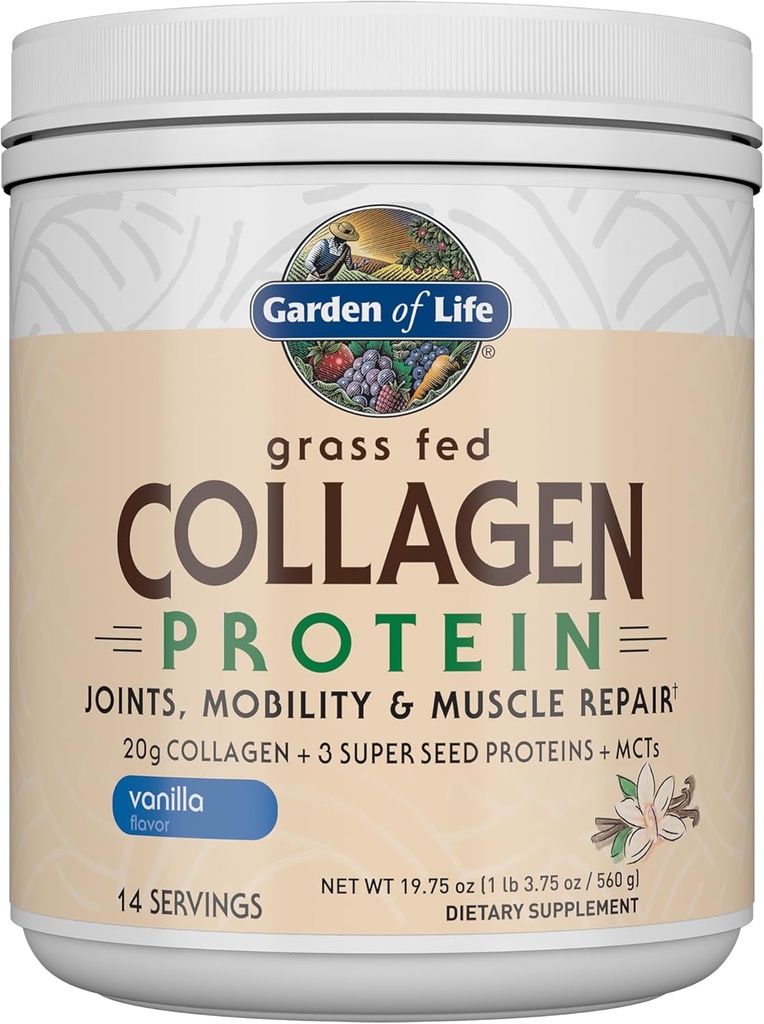 Jardim da vida Grass Fed proteína de colágeno em pó - Baunilha, 14 Servings, pó para juntas reparação muscular mobilidade, Colágeno peptídeos + Super sementes + coco MCTs, Keto Suplemento