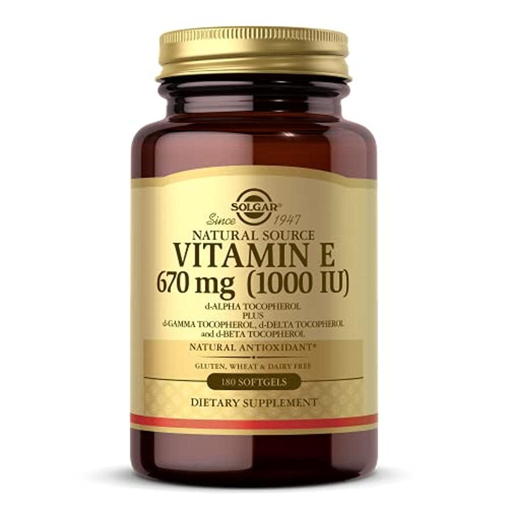 Solgar Vitamina E 670 mg (1000 UI), 180 Softgels - Antioxidante Natural, Pele e Sistema Imune Suporte - Vitamina E Naturalmente-Fonte - Livre de Glúten, Leite Livre - 180 Servings