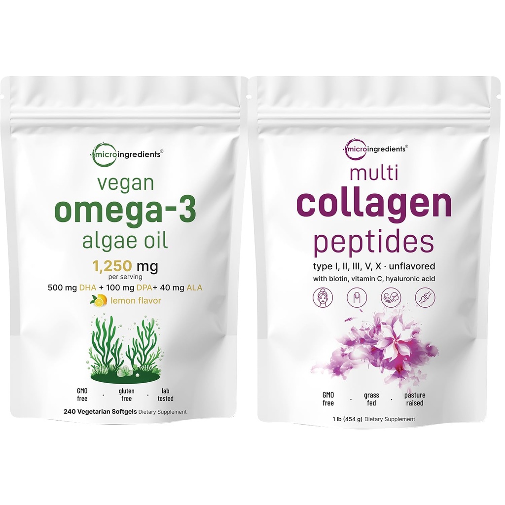 Micro Ingredientes Multi proteína de colagénio em pó 16 oz & Vegan Omega 3 Algae Oil Suplemento Bundle 2 Pacote de Peptídeos de colágeno de grama-Fed □ Omega-3 Espectro completo alternativa ao óleo de peixe