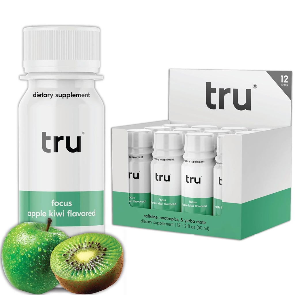 Tru Focus Shots, Nootropic Energia Beber com Yerba Mate, L Theanina & Cafeína Natural, Bem-Estar Vegan Tiro com zero açúcar e calorias, Glúten livre, Keto Friendly, Apple Kiwi Flavor, 2 FL OZ, 12 Pack