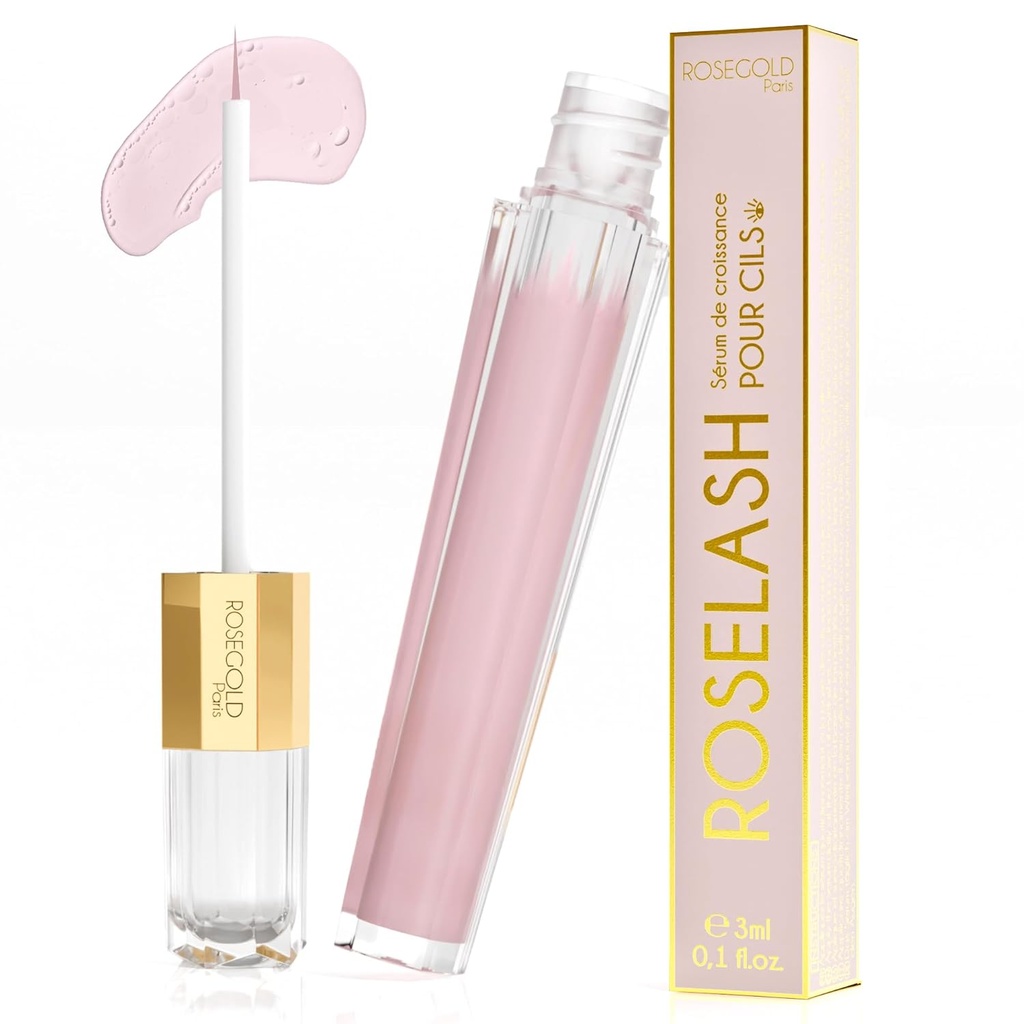 Soro de crescimento ROSEGOLD ROSELASH para Fuller, Mais longo, pestanas mais grossas - 95% Natural Made in France - Hormônio-livre, Fragrância-livre - Vegan