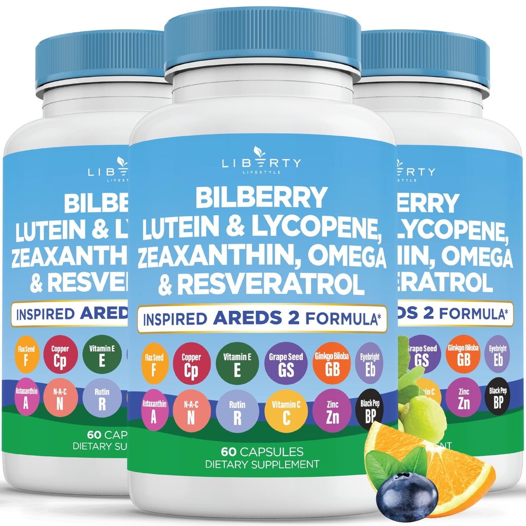 Vitaminas de saúde ocular com Bilberry, Lutein & Zeaxanthin, Lycopene, Resveratrol, Extrato de semente de uva Sementes de linho Astaxantina- AREDS 2-180 Cápsulas