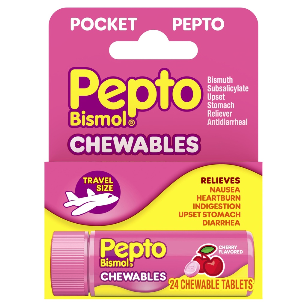 Pepto Bismol Pocket Tablets mastigáveis para Náusea, Azia, Indigestão, Estômago irritado, e Diarréia - 5 alívio rápido do sintoma, Cherry Flavor 24 qui