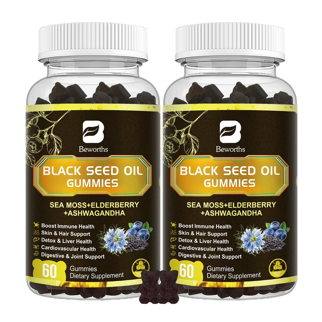 Óleo de semente preta & gomas de musgo do mar, 2Pack Pastilhas de musgo do mar irlandês com óleo de semente preta, Extrato de Ashwagandha, Elderberry, Açafrão, Vitamina C, Vitamina D3 - suporte imunológico, articulações, digestão, cabelo e pele