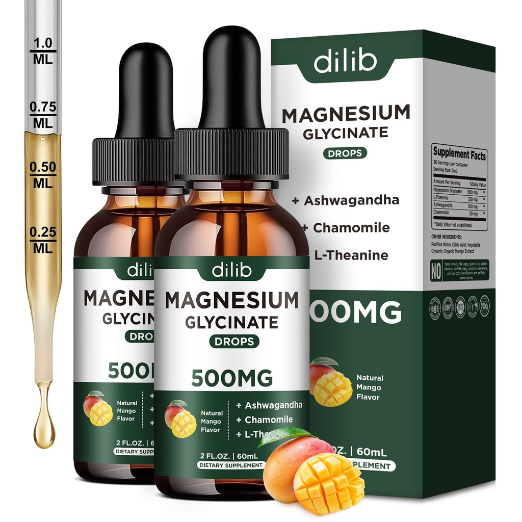Suplemento de gotas líquidas de glicinato de magnésio, com glicinato de magnésio 500mg Ashwagandha, L - Theanina, Camomila -Support Stress Relief, osso, músculo, Mood Mango Flavor 2Pack