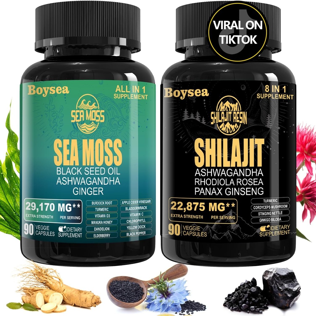 Geloo Superfood Suplemento Bundle - 90 Count Sea Moss Cápsulas (Sea Moss, Black Seed Oil) & 90 Count Pure Shilajit Cápsulas (Shilajit, Ashwagandha) -1 Pack