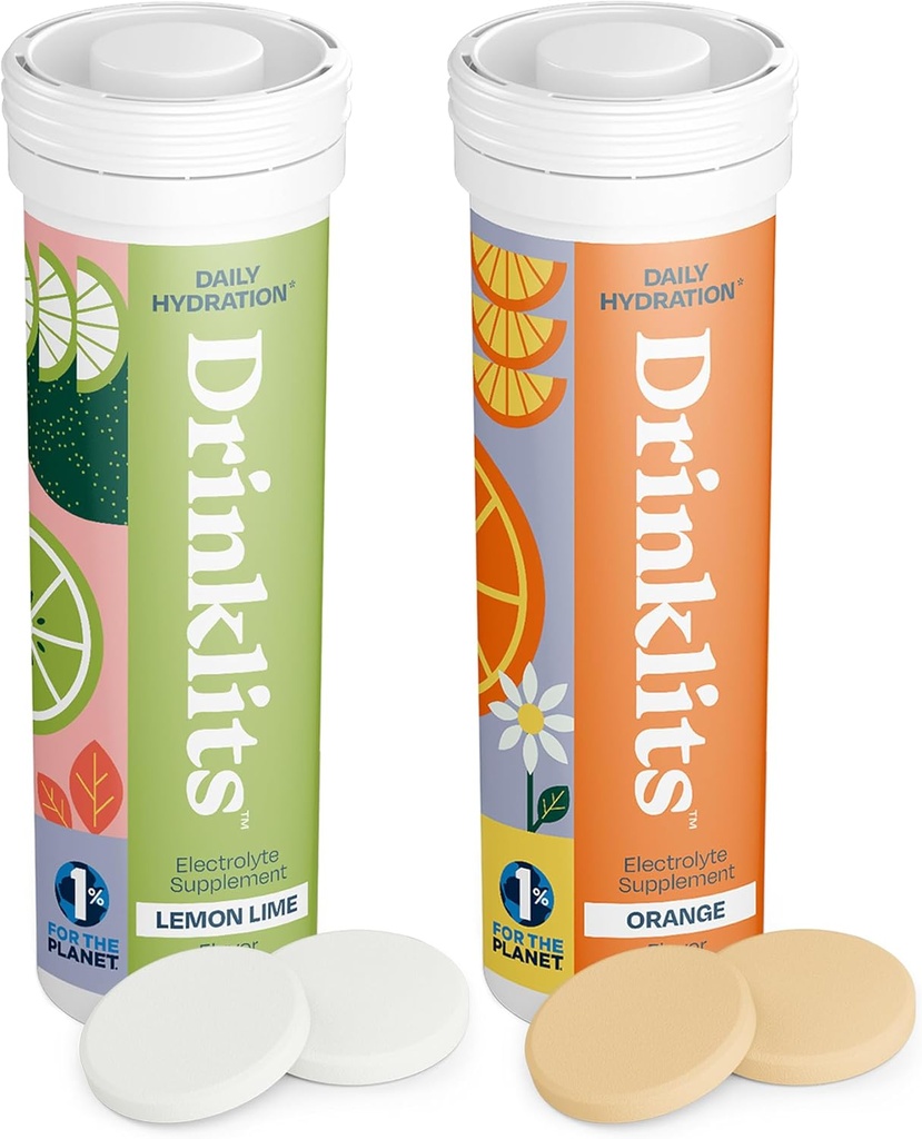 Drinklits Lemon-Lime & Orange Eletrolyte Tablets (2) Tube Bundle - Citrus Daily Hydration Combo Pack - Deliciosos sabores naturais – 0g de açúcar – Uso diário - 20 Servings - 10 comprimidos por tubo
