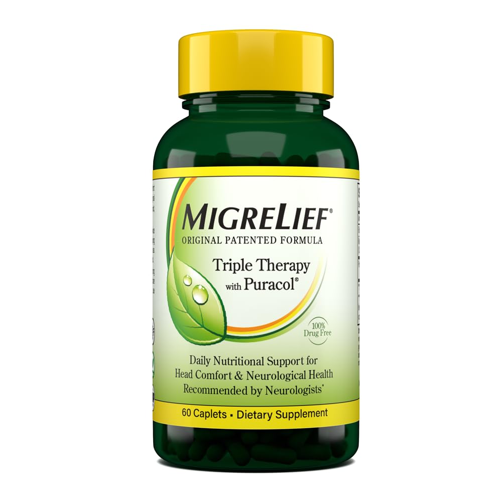 MigreLief Terapia Tripla Original com Puracol - Apoio Nutricional para Sofredores de Enxaquecas - 60 Caplets/1 Mês de Fornecimento