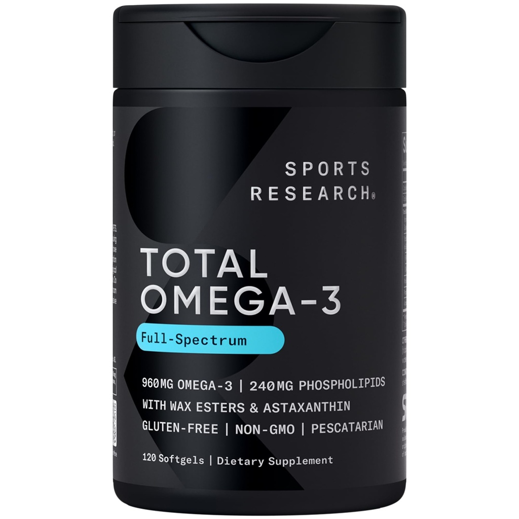 Sports Research® Total Omega-3 Fish Oil 2200mg - Feito de Antárctico Krill w/Astaxantina, Wild Sockeye Salmon & Alasca Pollock - 960mg de EPA & DHA - 120 Softgels