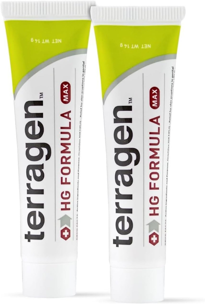 Terragen HG Fórmula MAX por terrasil, creme de tratamento natural calmante rápido para feridas genitais e apoio eficaz de surtos, para homens e mulheres (14g 2-Pack)