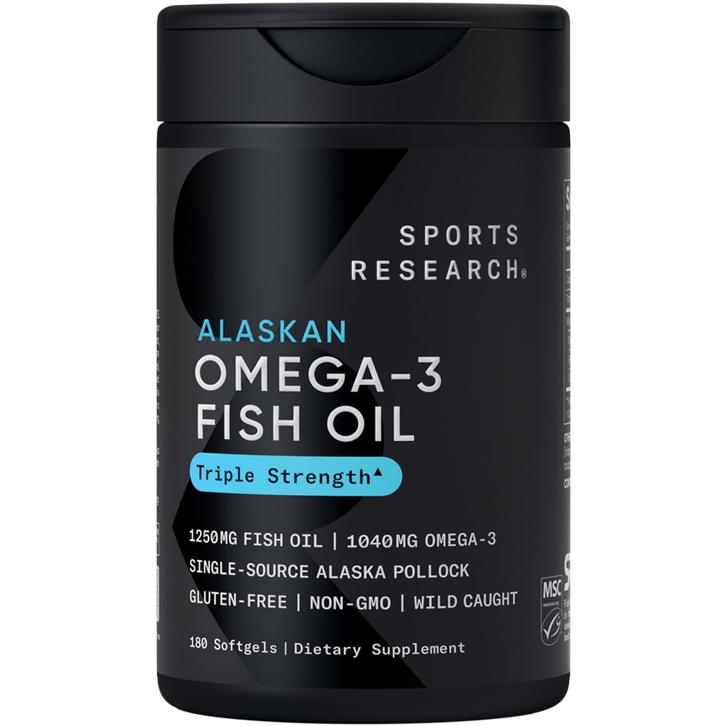 Esportes Pesquisa Triplo Força Omega 3 Óleo de peixe - Arroto Suplemento de óleo de peixe w/EPA & DHA ácidos gordos de fonte única Wild Alaskan Pollock - 1250 mg, 180 ct