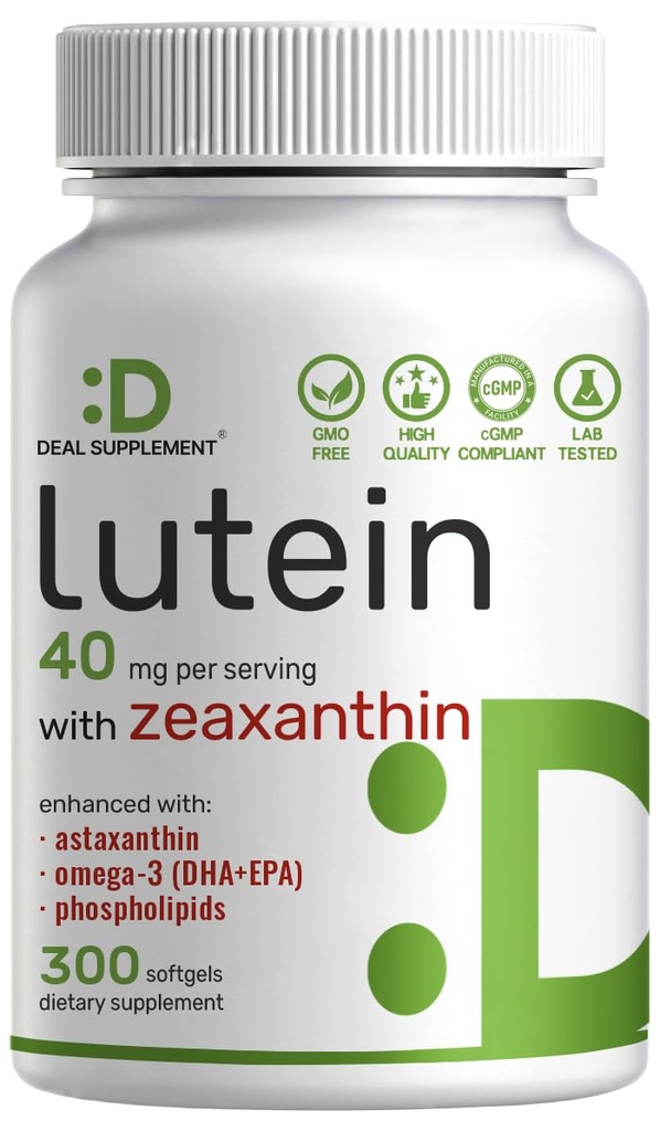 Suplementos Lutein e Zeaxantina, 40mg por serviço, 300 Softgels – Plus Astaxantina, Omega-3s, & Fosfolipídios – Não-GMO