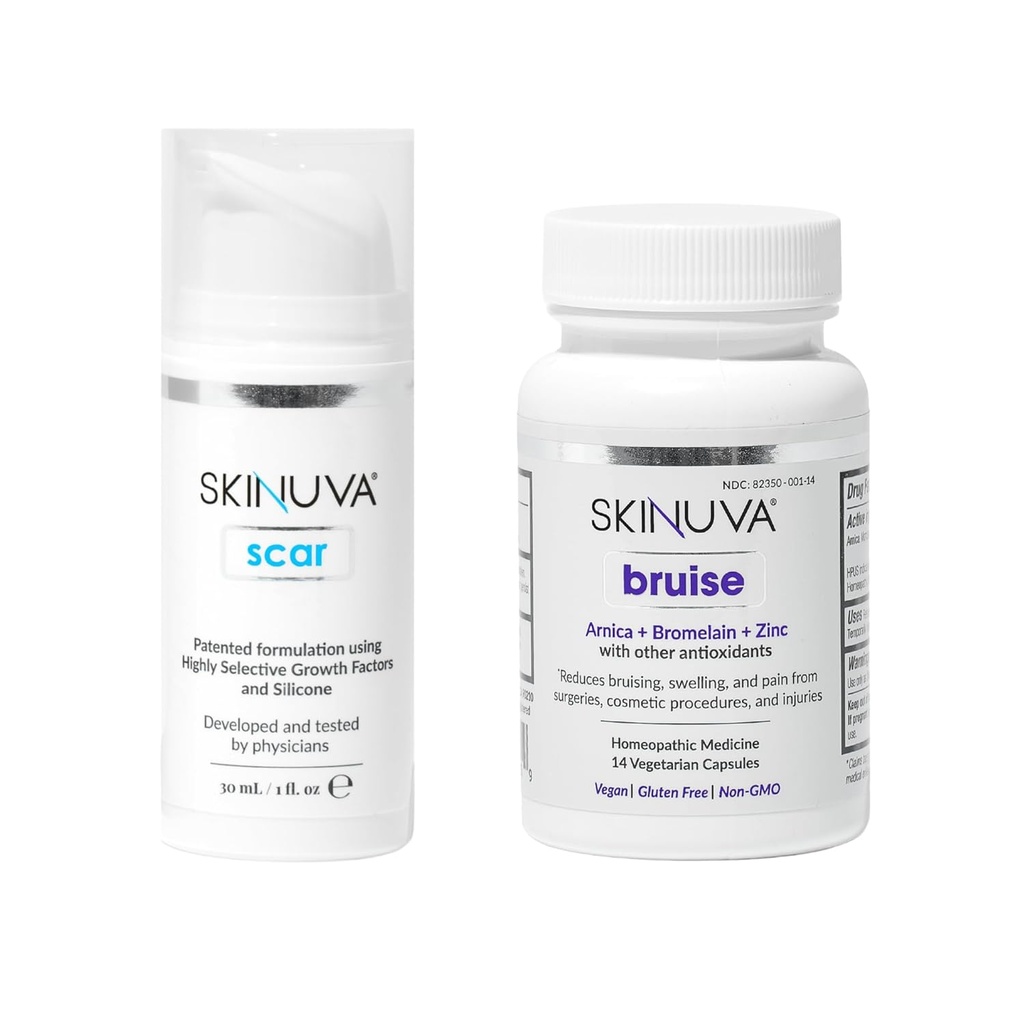 Skinuva® Scar (1 oz) & Bruise (14 cápsulas) - Creme de Silicone Advanced Formulado com Fatores de Crescimento e Remédio de Bruise Homeopático Formulado com Arnica, Bromelaína e Zinco