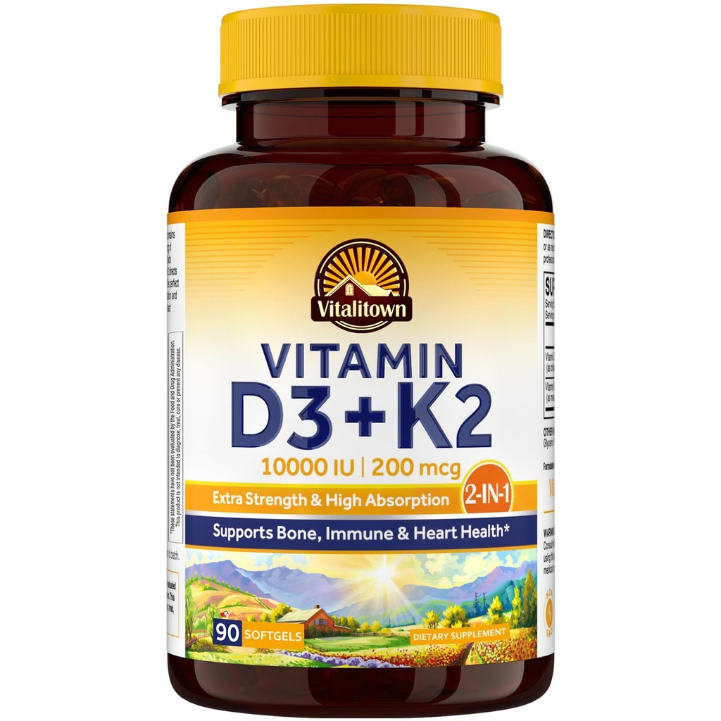 Vitalitown Vitamina D3 K2 Suplemento, Vitamina D3 10000 UI Vitamina K2 (MK7) 200 mcg, 90 Softgels, Não-GMO, Sem glúten e soja, para ossos, dentes, imune e saúde do coração