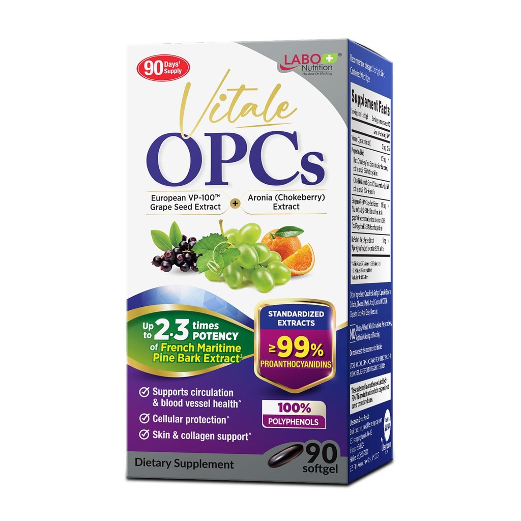 LABO Nutrition Vitale OPCs Premium European Grape Seed Extract with Aronia, Citrus Bioflavonoids Suporta Circulação, Saúde da Pele e Proteção Celular