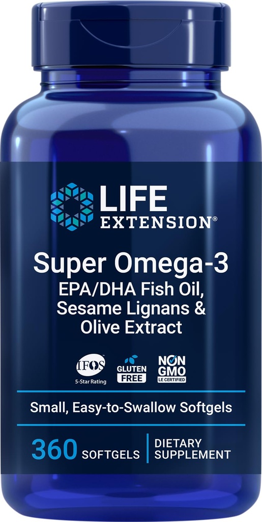 Extensão de vida Super Omega-3 360 Softgels, Fácil de engolir, EPA / DHA Omega3 óleo de peixe, Sesame Lignans & Extrato de azeitona
